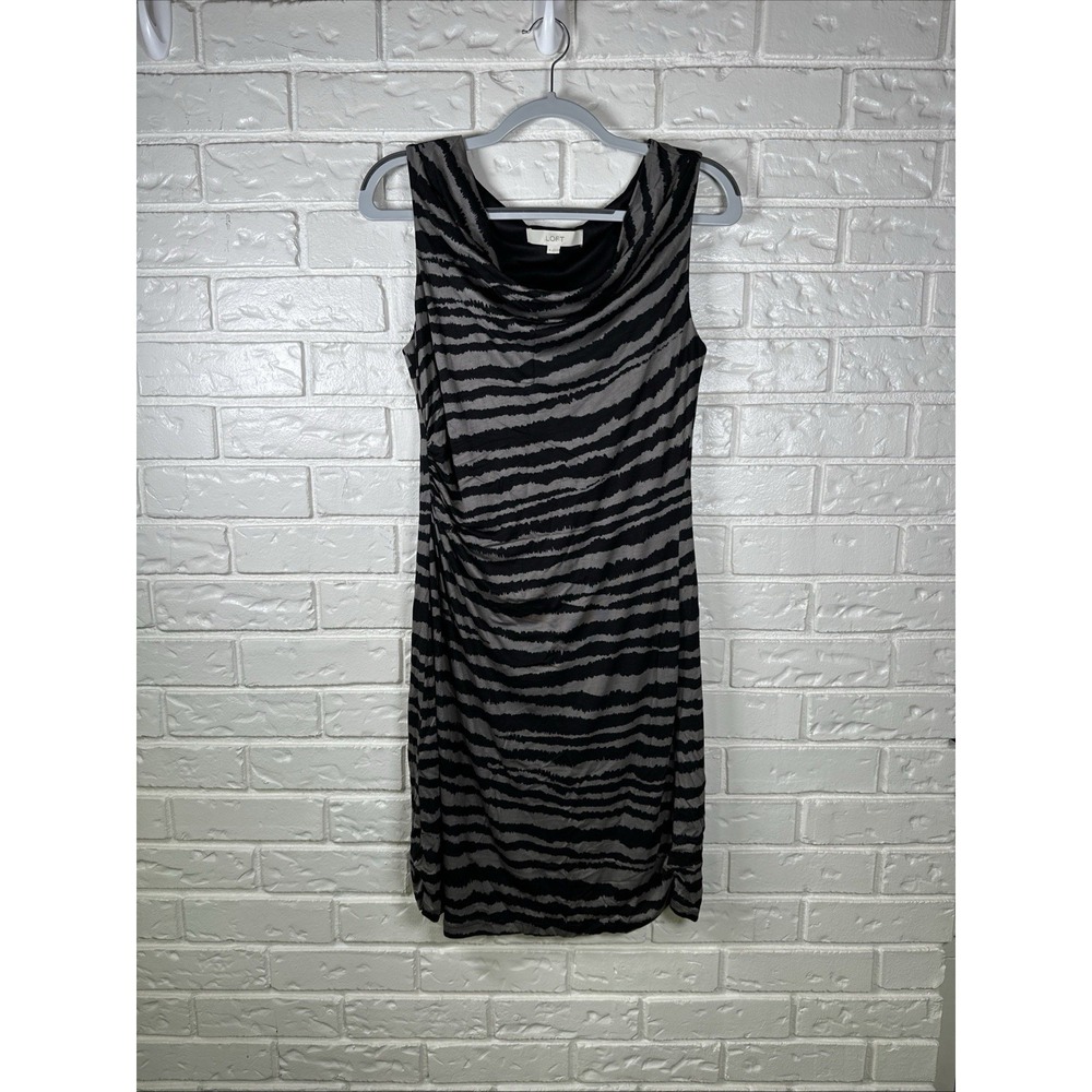 Ann Taylor LOFT Zebra Print Sheath Dress Womens M Gray Black Ruched Y2K